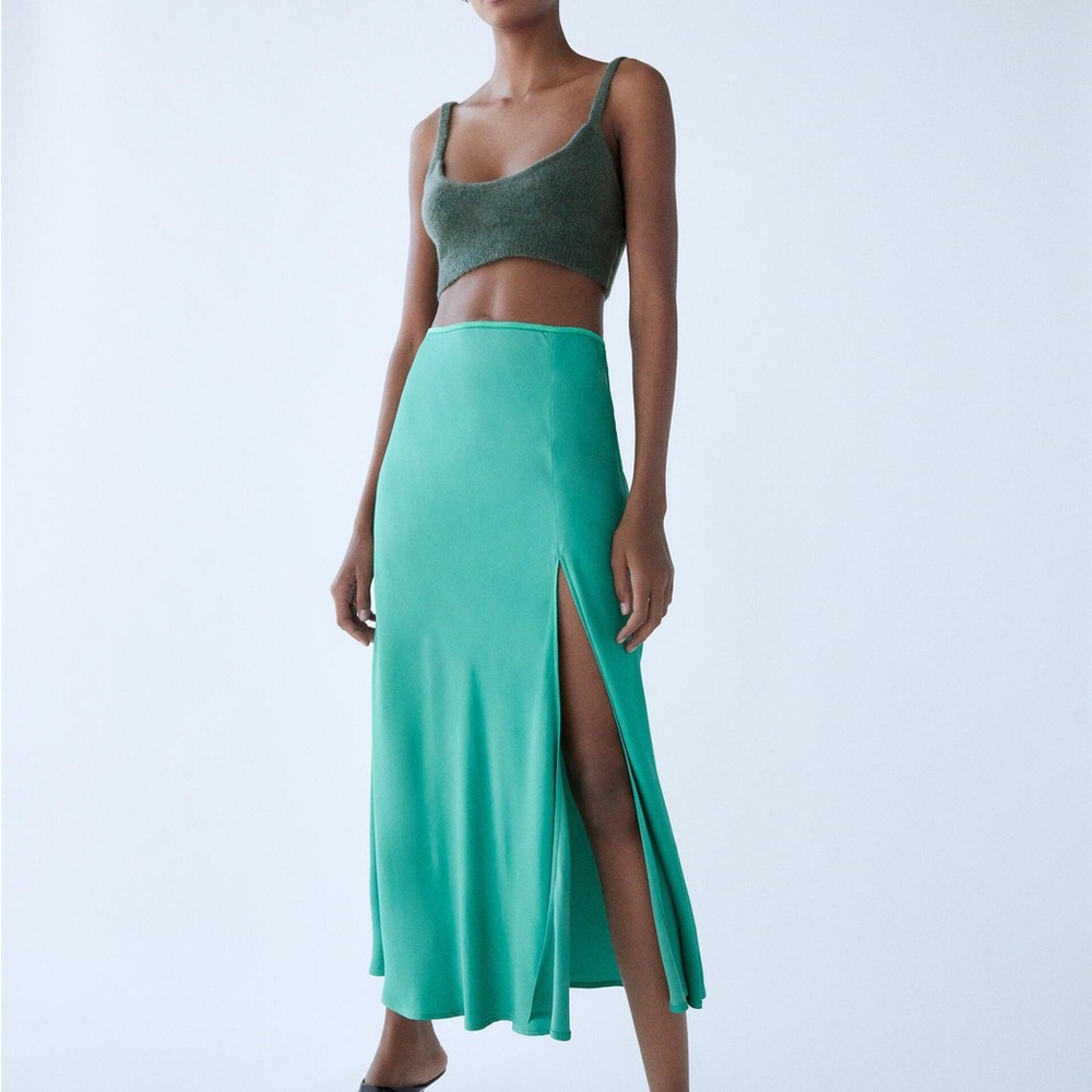 Zara NWOT Green Satin Slip Skirt